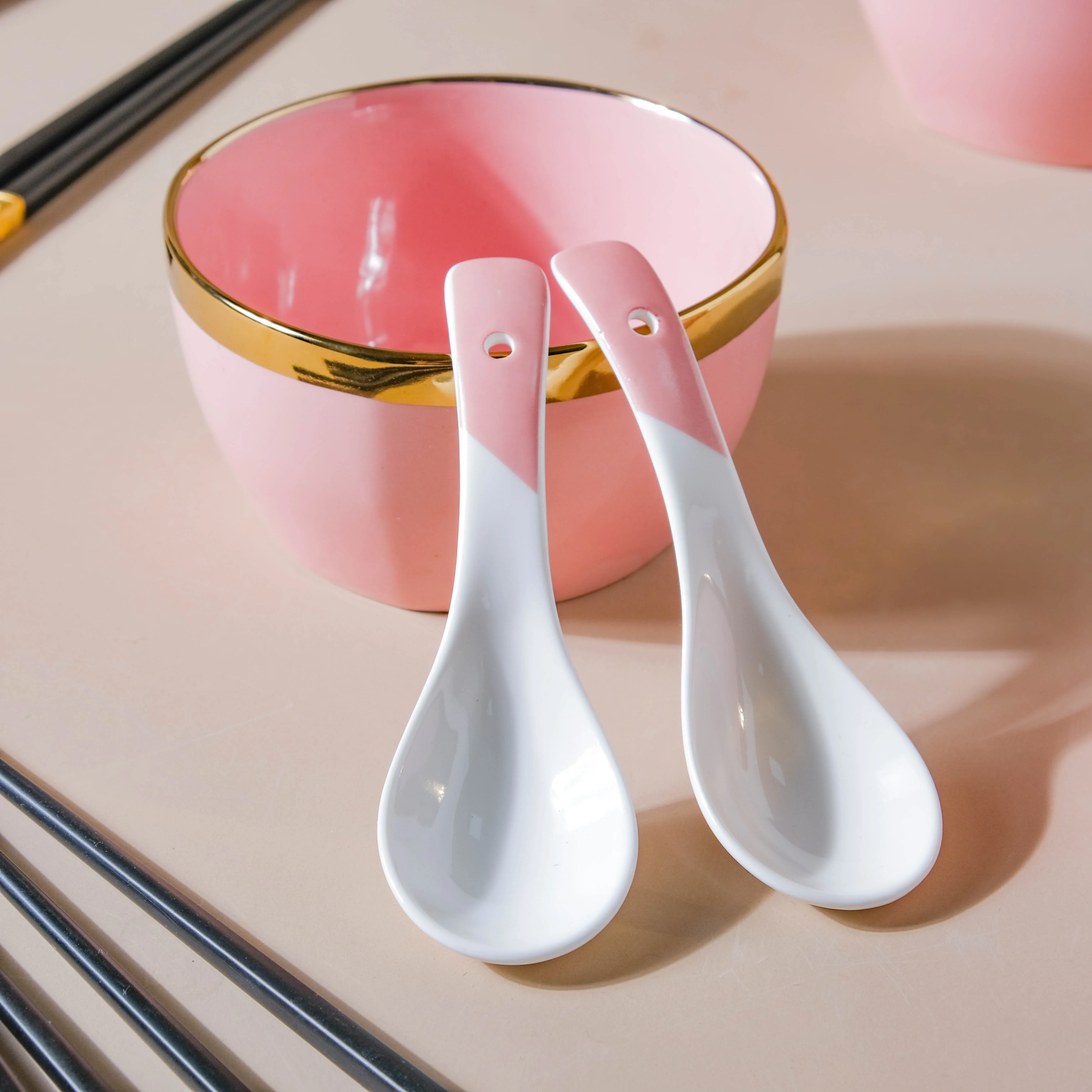 Petunia Pink Snack Bowl Set Of 4 With Chopsticks And Soup Spoons - Image 4