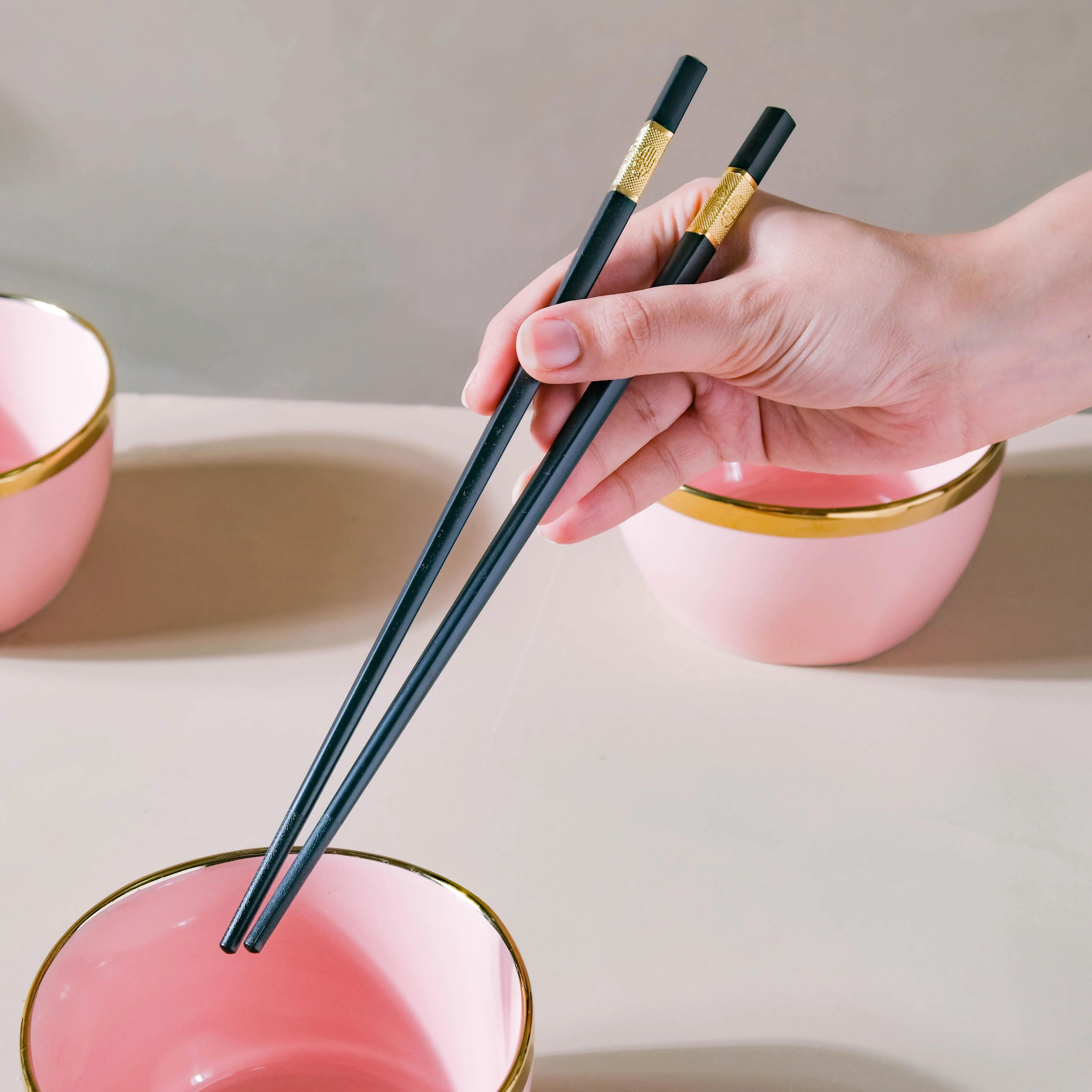 Petunia Pink Snack Bowl Set Of 4 With Chopsticks And Soup Spoons - Image 6