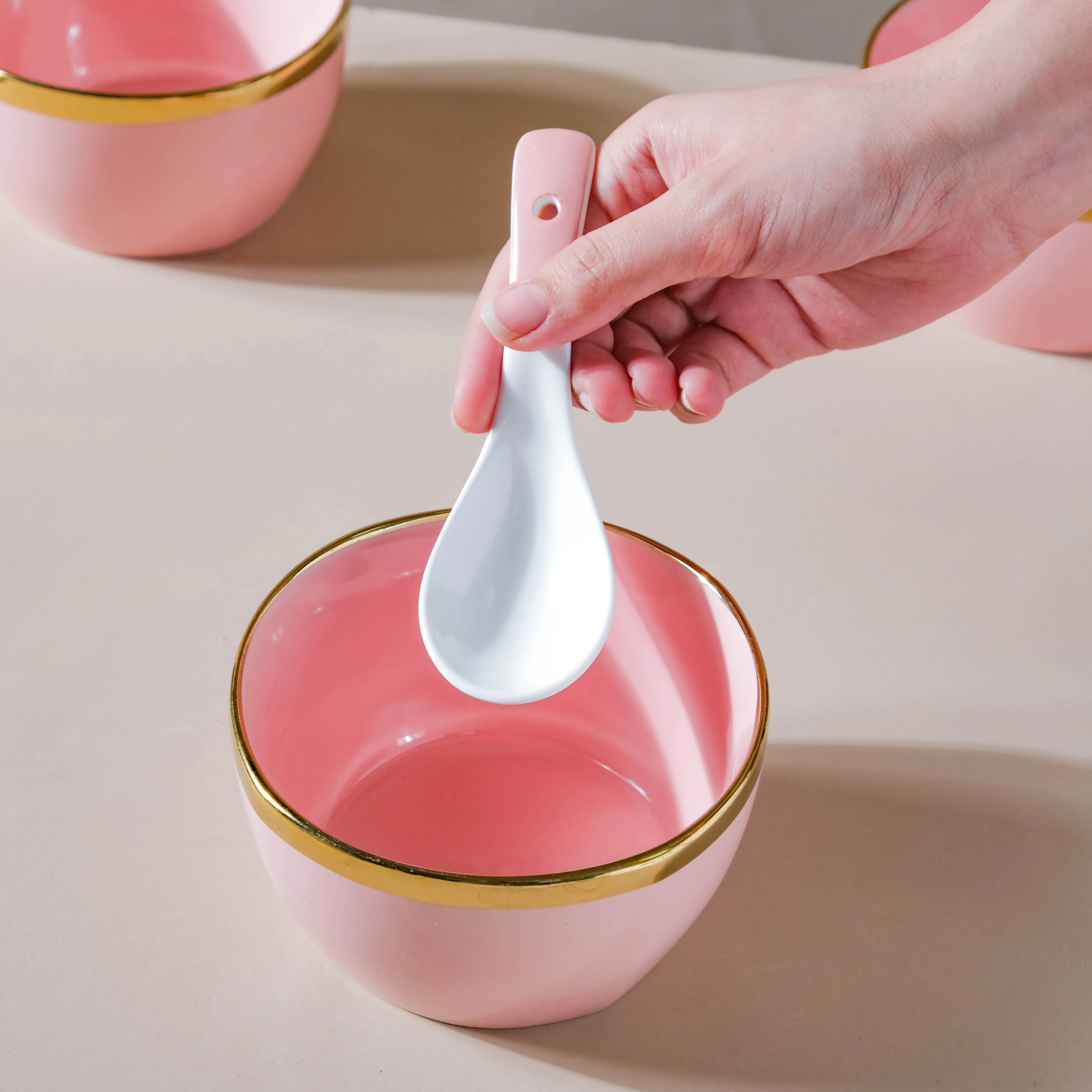 Petunia Pink Snack Bowl Set Of 4 With Chopsticks And Soup Spoons - Image 7