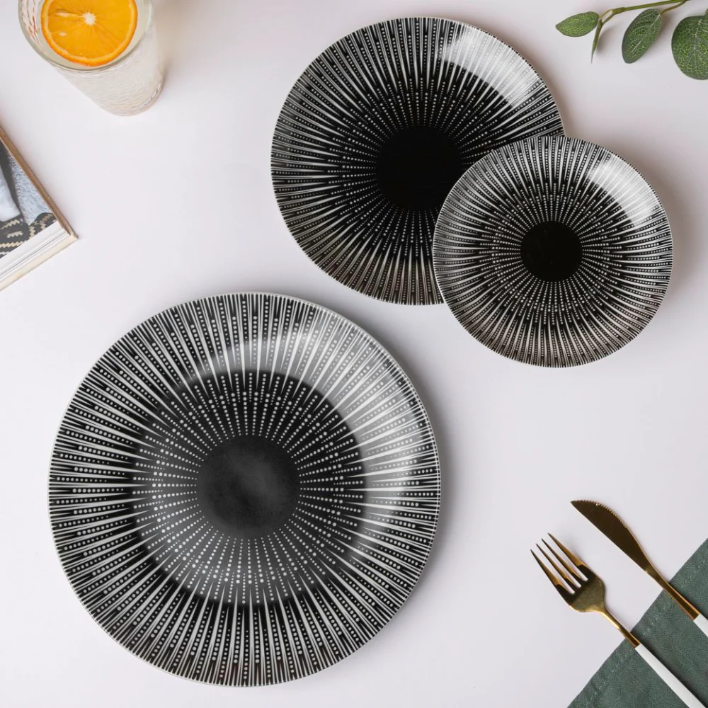 Philocaly Linear Patterned Ceramic Snack Plate Black 8 Inch - Image 6