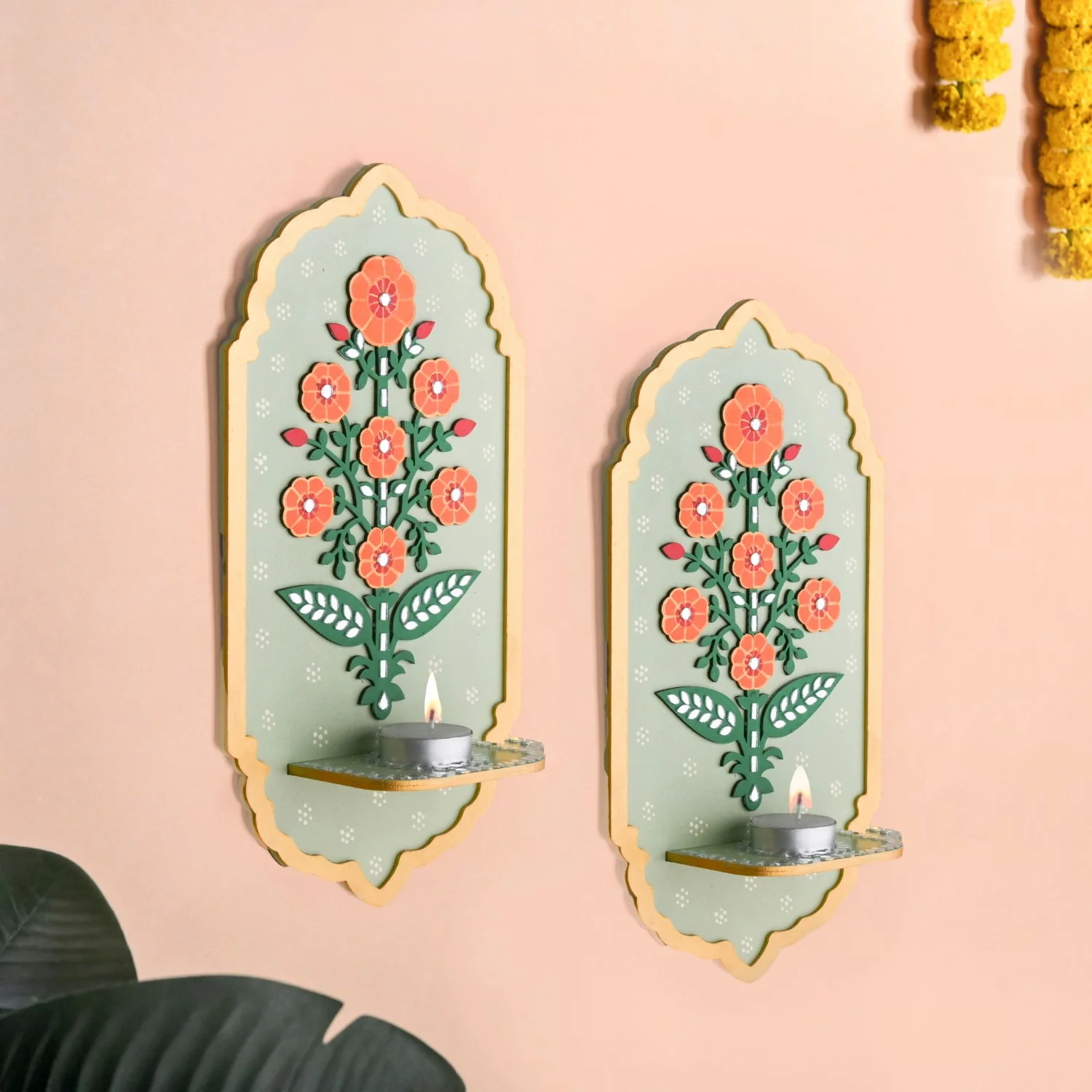 Phool Mirror Work Tealight Candle Holder Lippan Wall Art Set Of 2 - Image 10