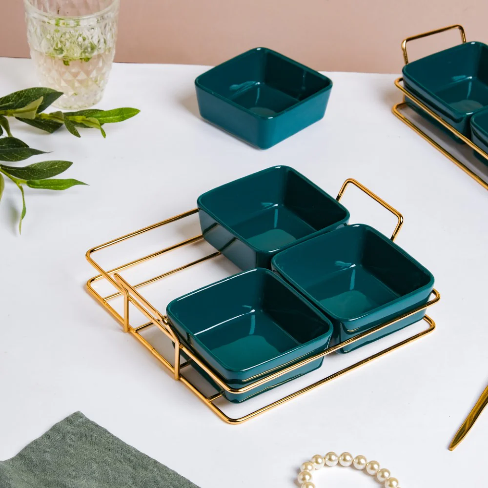 Pine Green Glossy Ceramic Bowls And Tray Set Of 5 200ml - Image 5