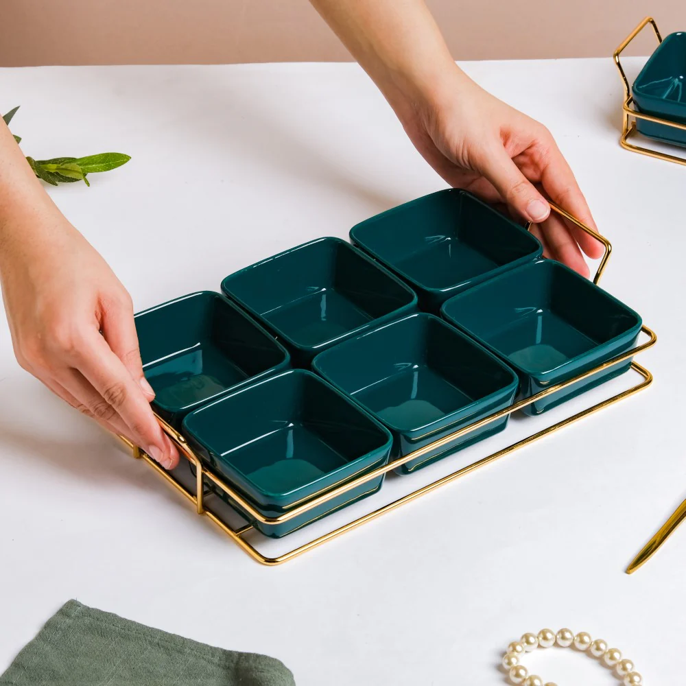 Pine Green Glossy Ceramic Bowls And Tray Set Of 7 200ml - Image 2