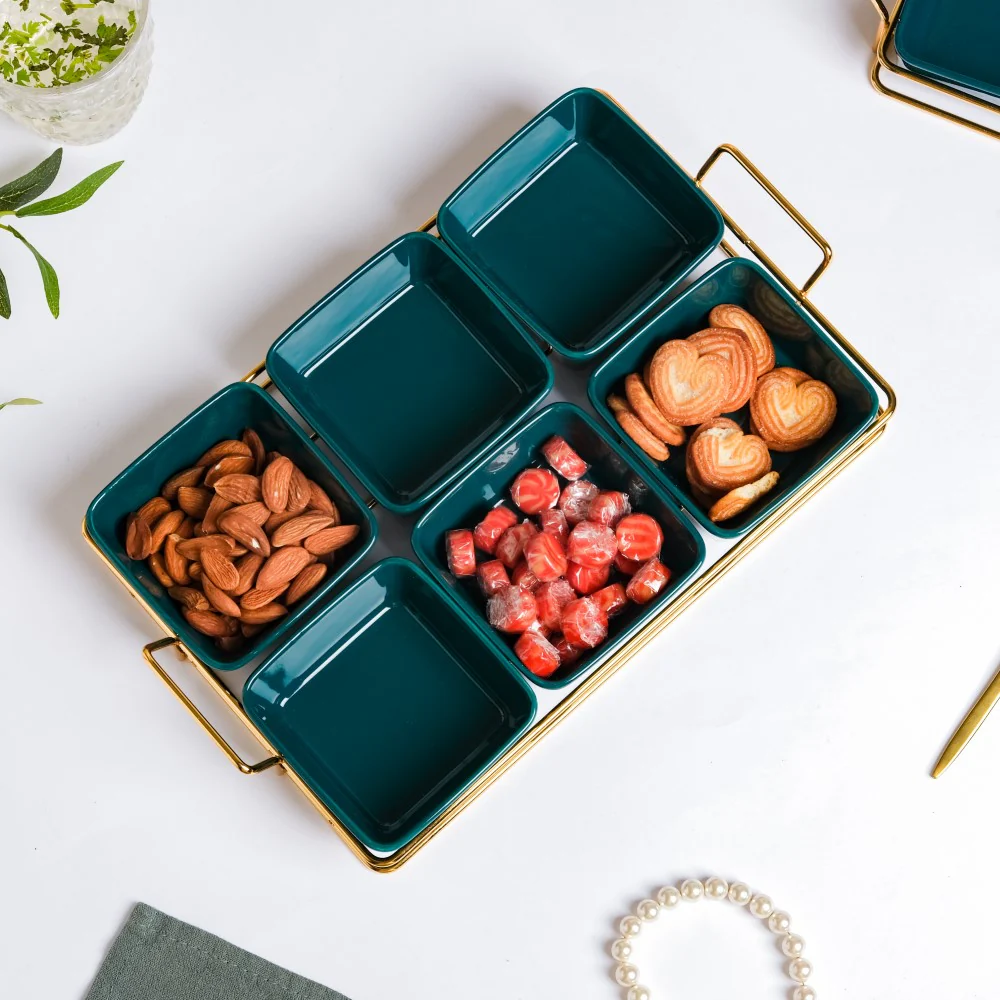 Pine Green Glossy Ceramic Bowls And Tray Set Of 7 200ml - Image 3