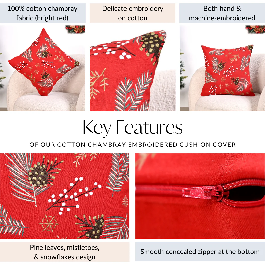 Pine Leaves Bright Red Couch Cushion Cover 40x40cm - Image 5