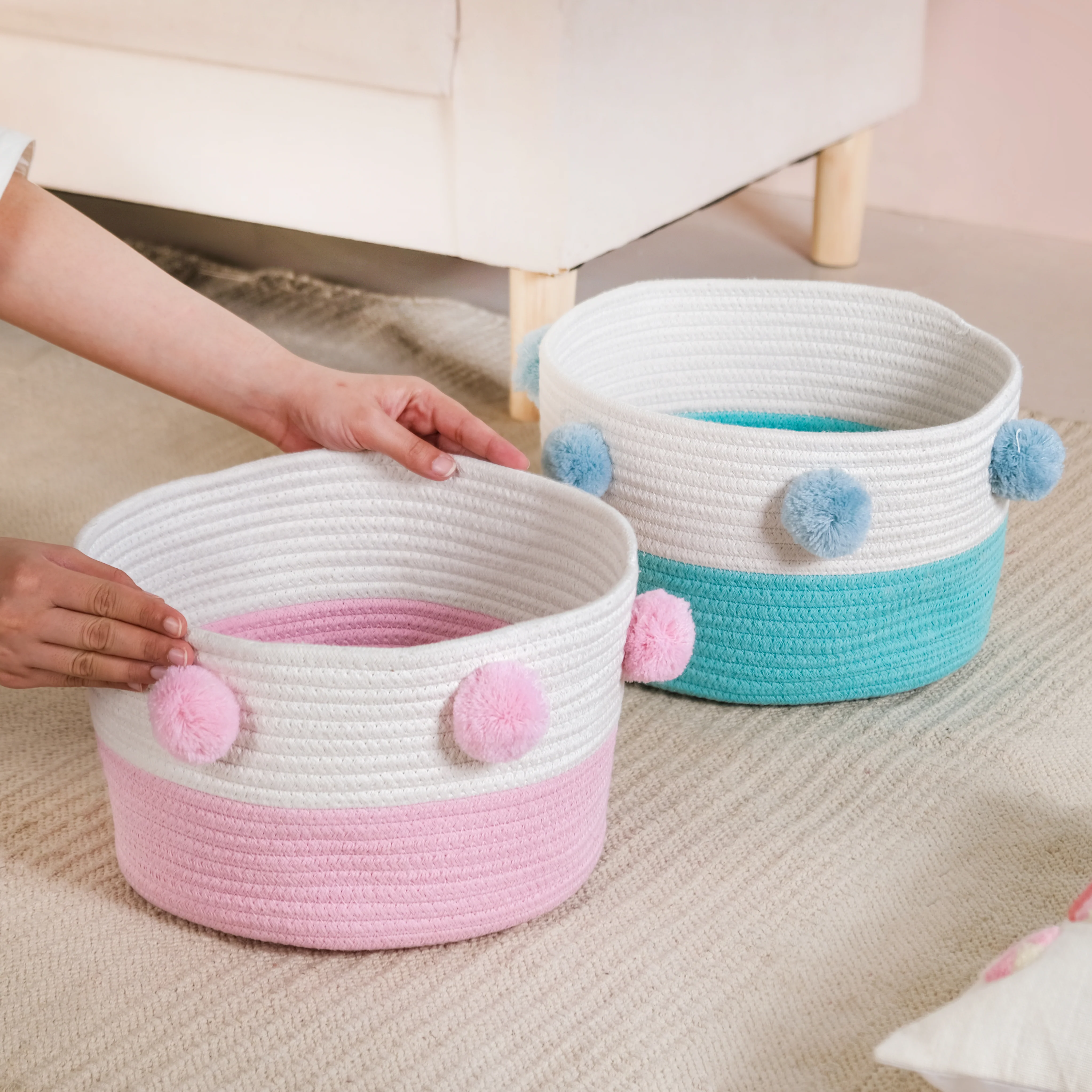 Pink And Mint Pom Pom Basket Set Of 2 18cm - Image 3