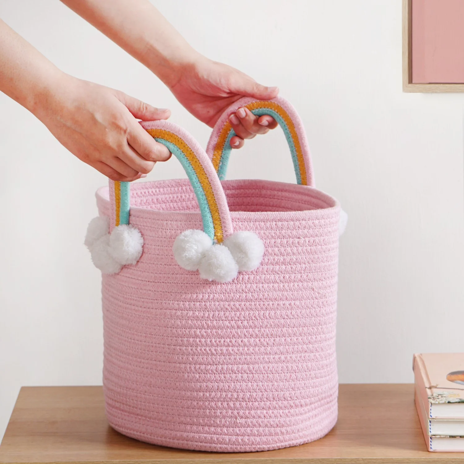 Pink Basket With Rainbow Handles 26cm - Image 3