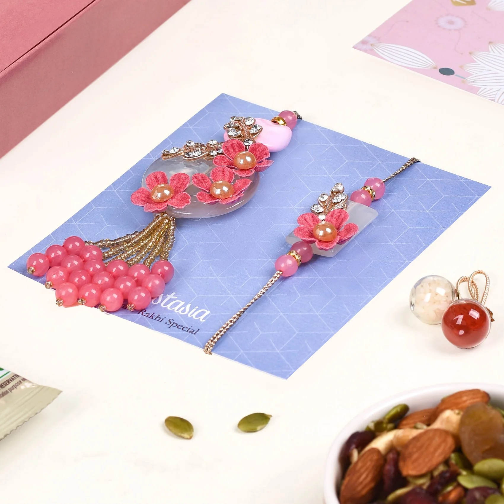 Pink Bloom Rakhi Lumba Gift Set Of 4 With Box And Card - Image 5