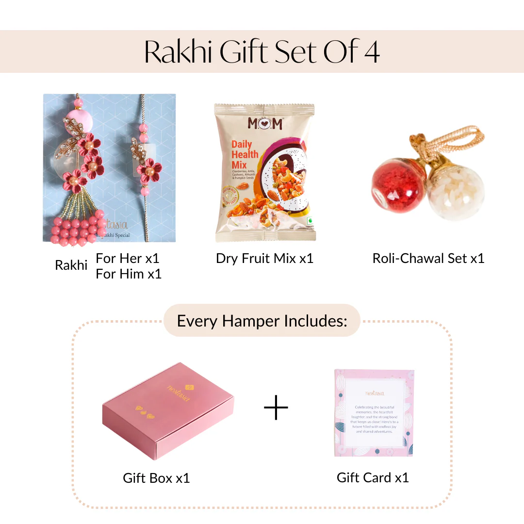 Pink Bloom Rakhi Lumba Gift Set Of 4 With Box And Card - Image 7