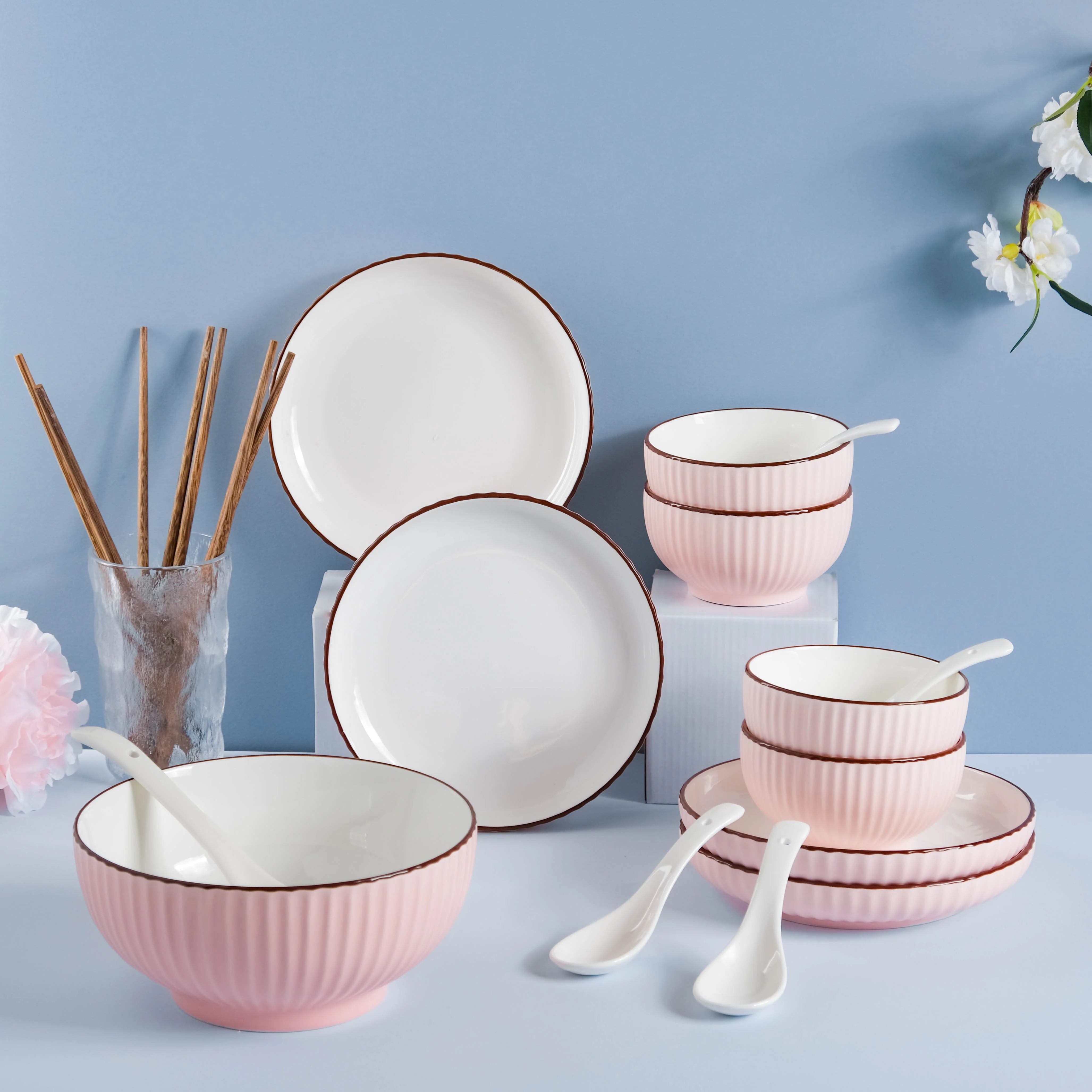 Pink Blossom 18 Piece Pasta Set For 4 - Image 13