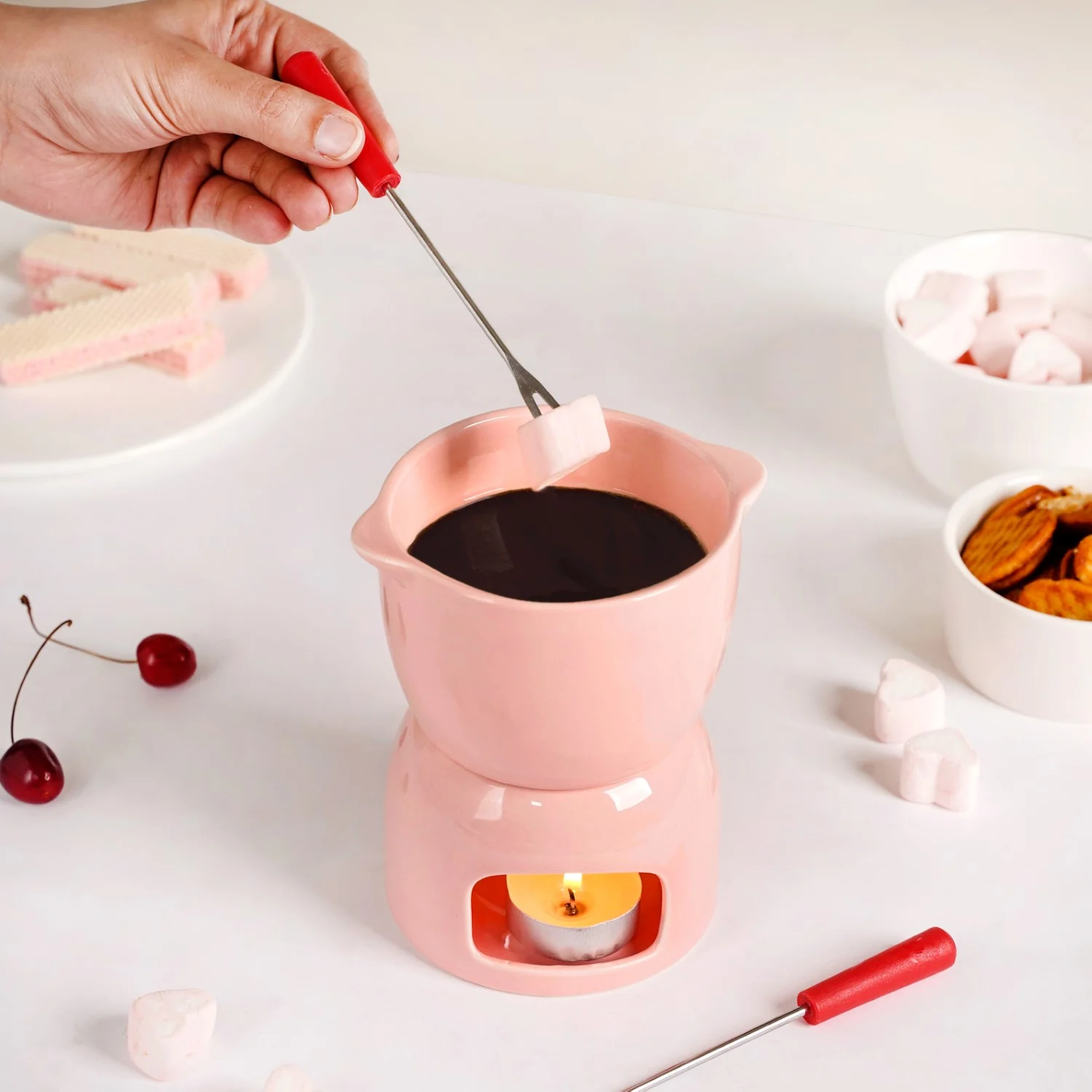 Pink Ceramic Fondue Set With 2 Dipping Skewers - Image 2