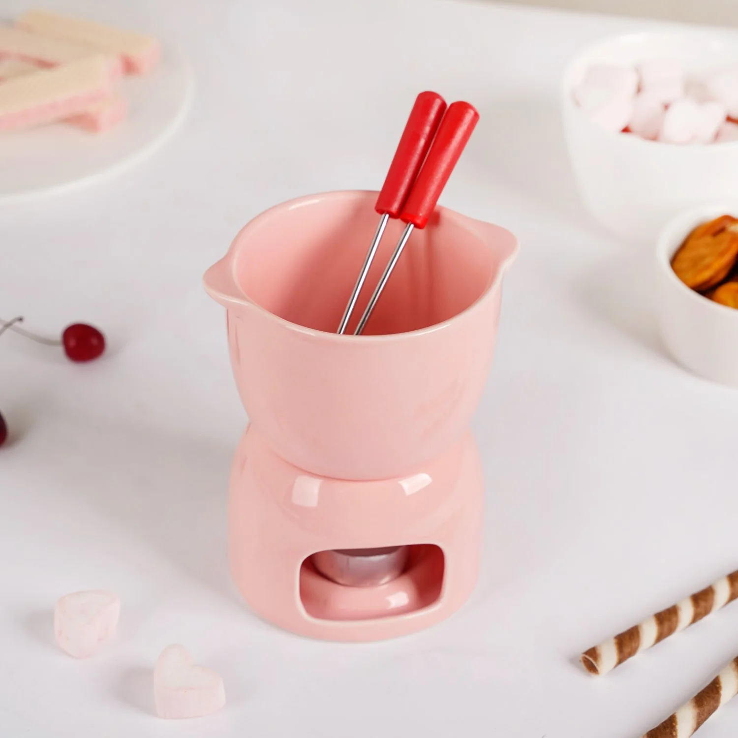 Pink Ceramic Fondue Set With 2 Dipping Skewers - Image 3