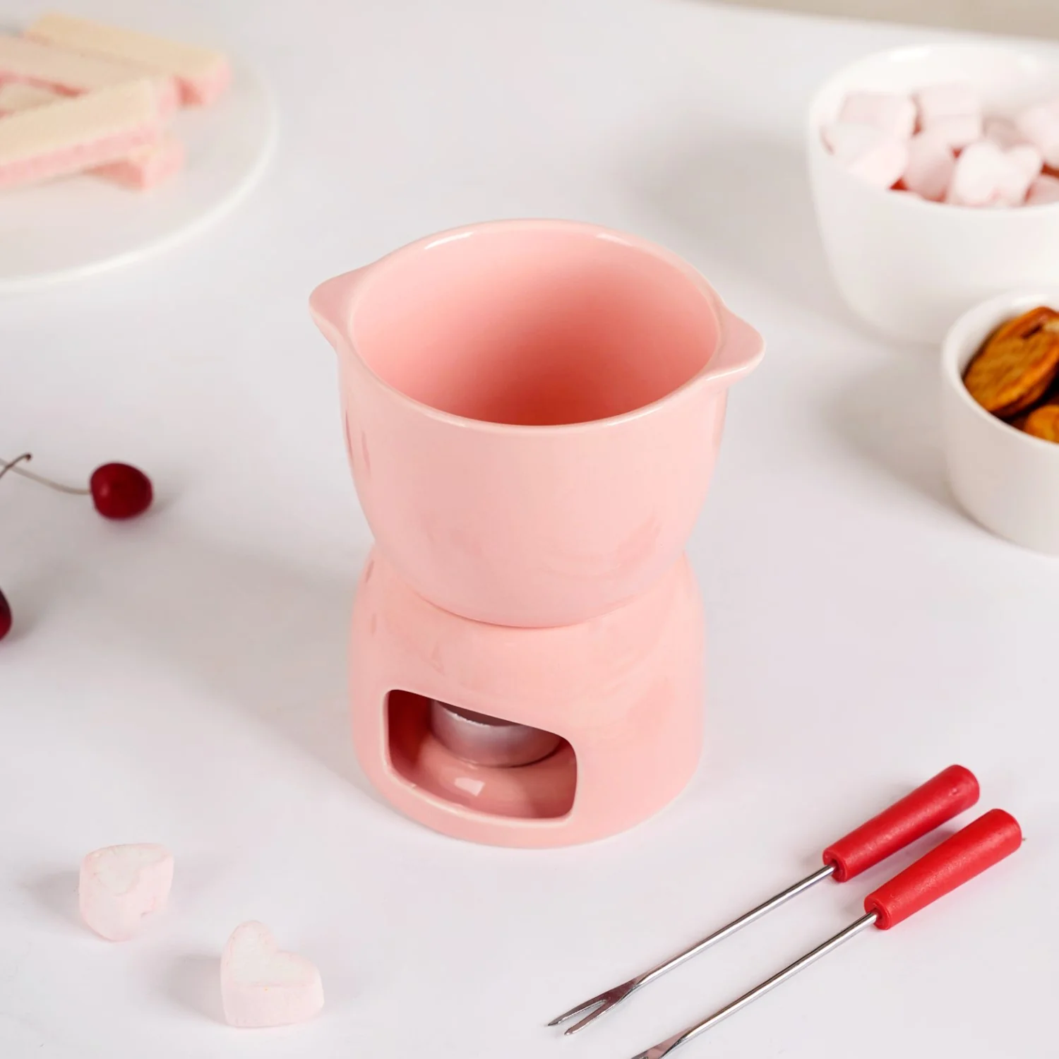 Pink Ceramic Fondue Set With 2 Dipping Skewers - Image 4