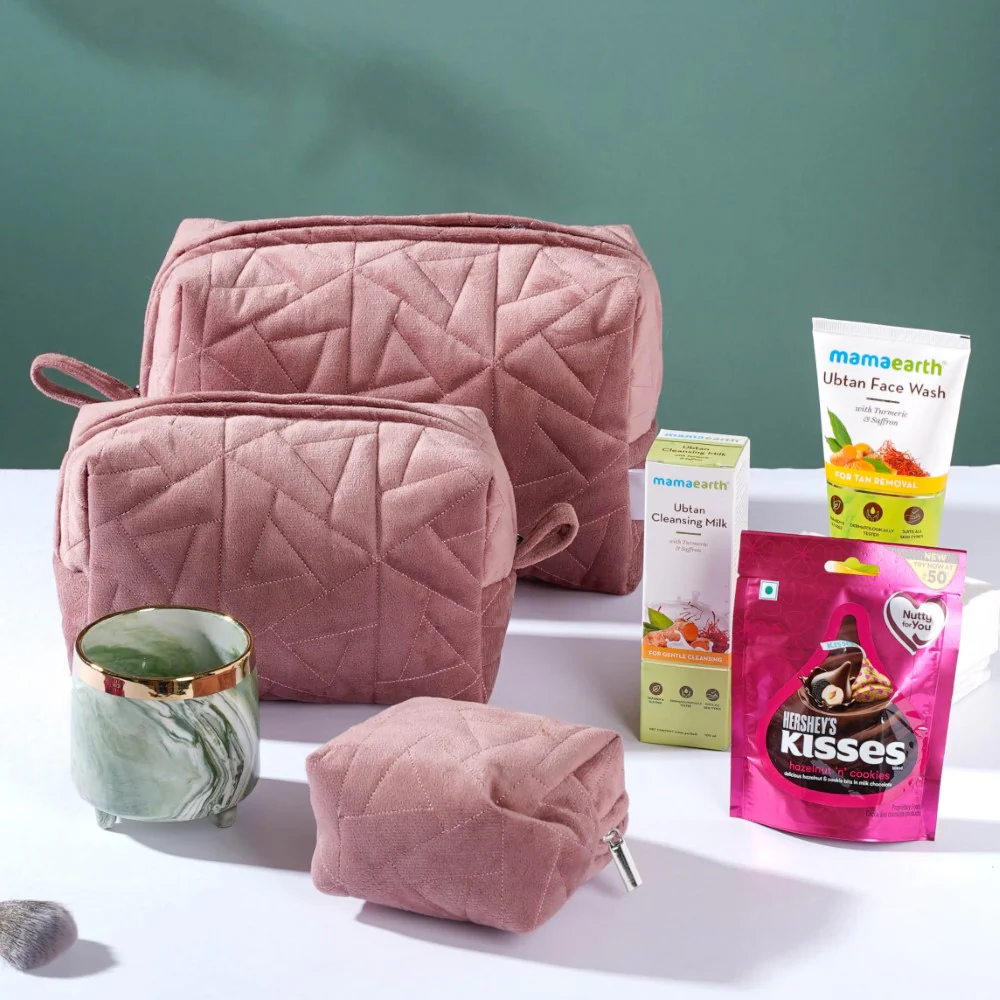 Pink Cosmetic Bag And Organizer Gift Hamper Set Of 5