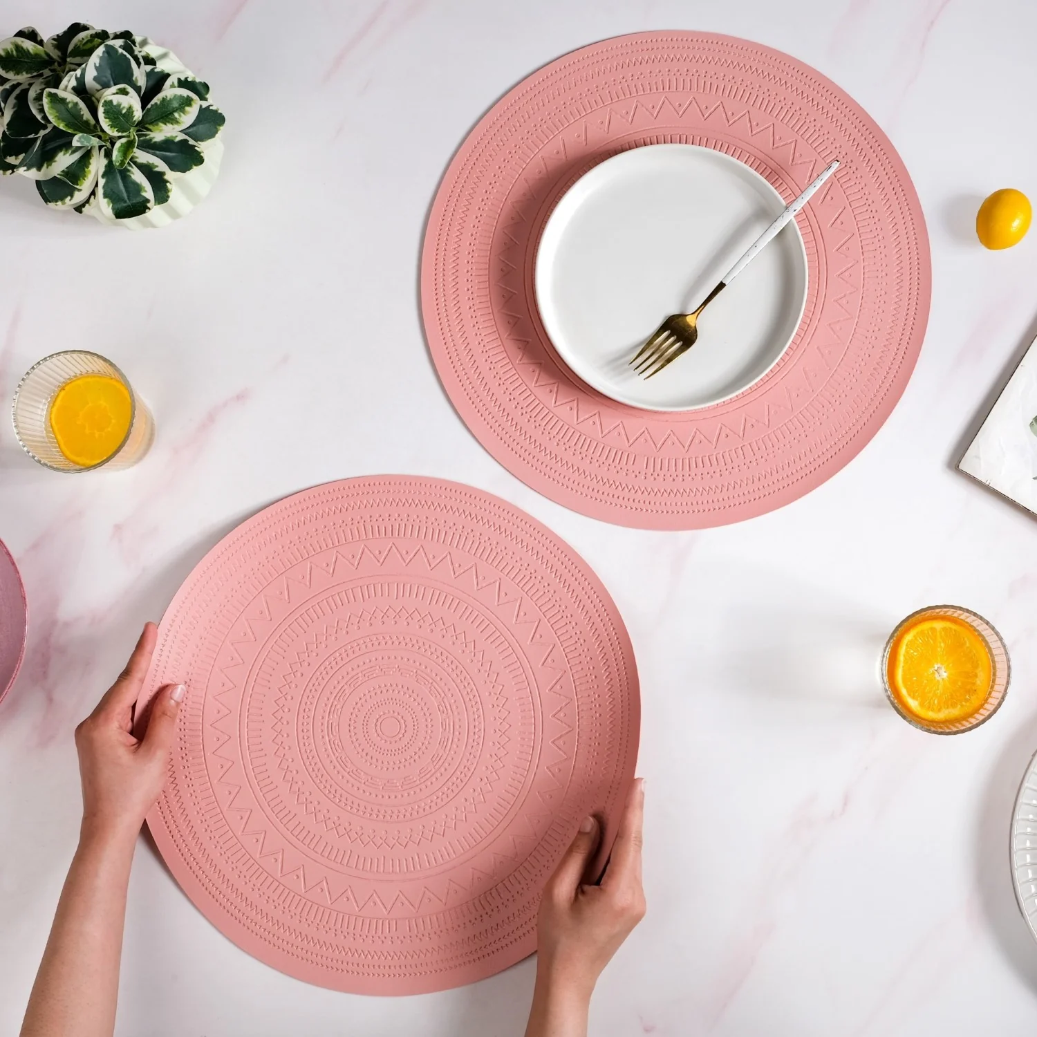 Pink Embossed Warli Design Round Table Mat Set Of 6 - Image 2