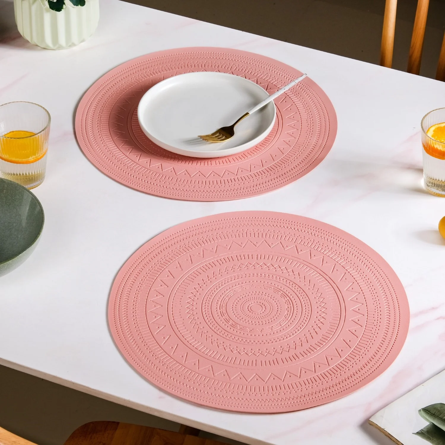 Pink Embossed Warli Design Round Table Mat Set Of 6 - Image 3