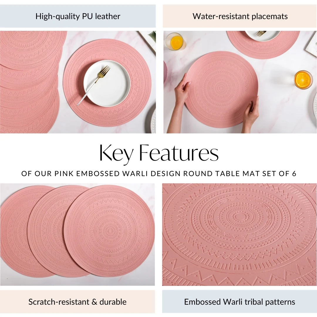 Pink Embossed Warli Design Round Table Mat Set Of 6 - Image 5