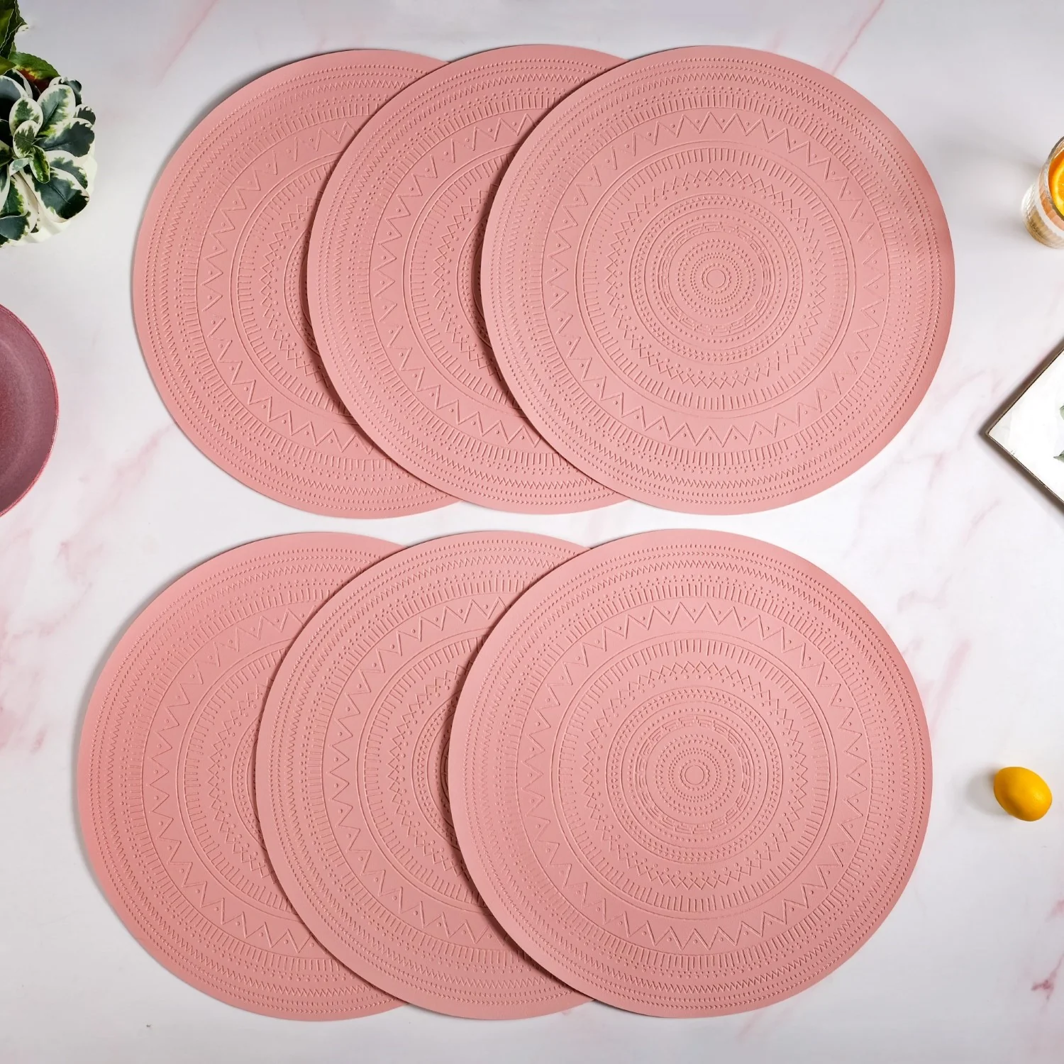 Pink Embossed Warli Design Round Table Mat Set Of 6 - Image 8