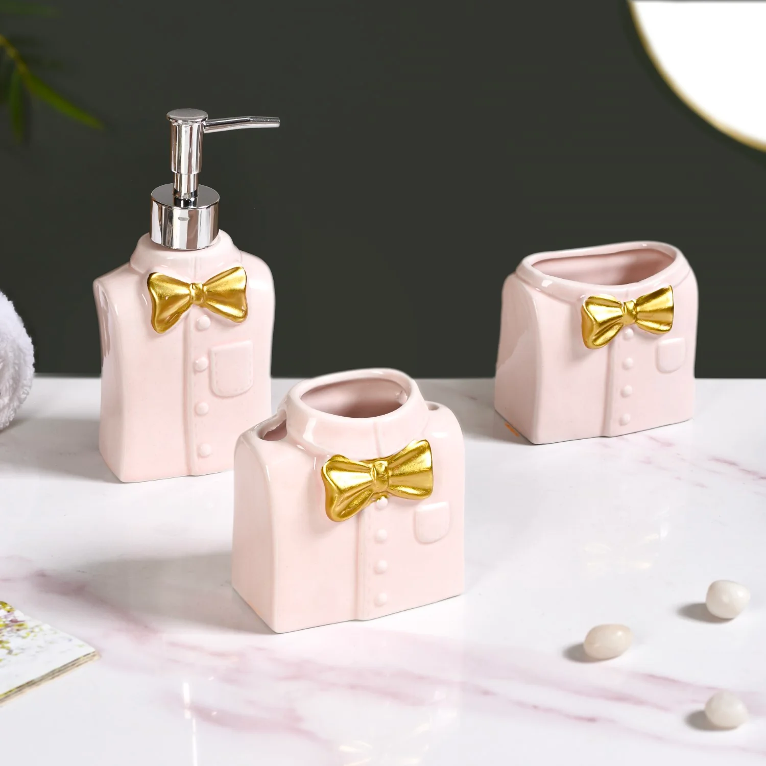 Pink Gloss Bowtie Shirt Ceramic Bath Set Of 3 - Image 11