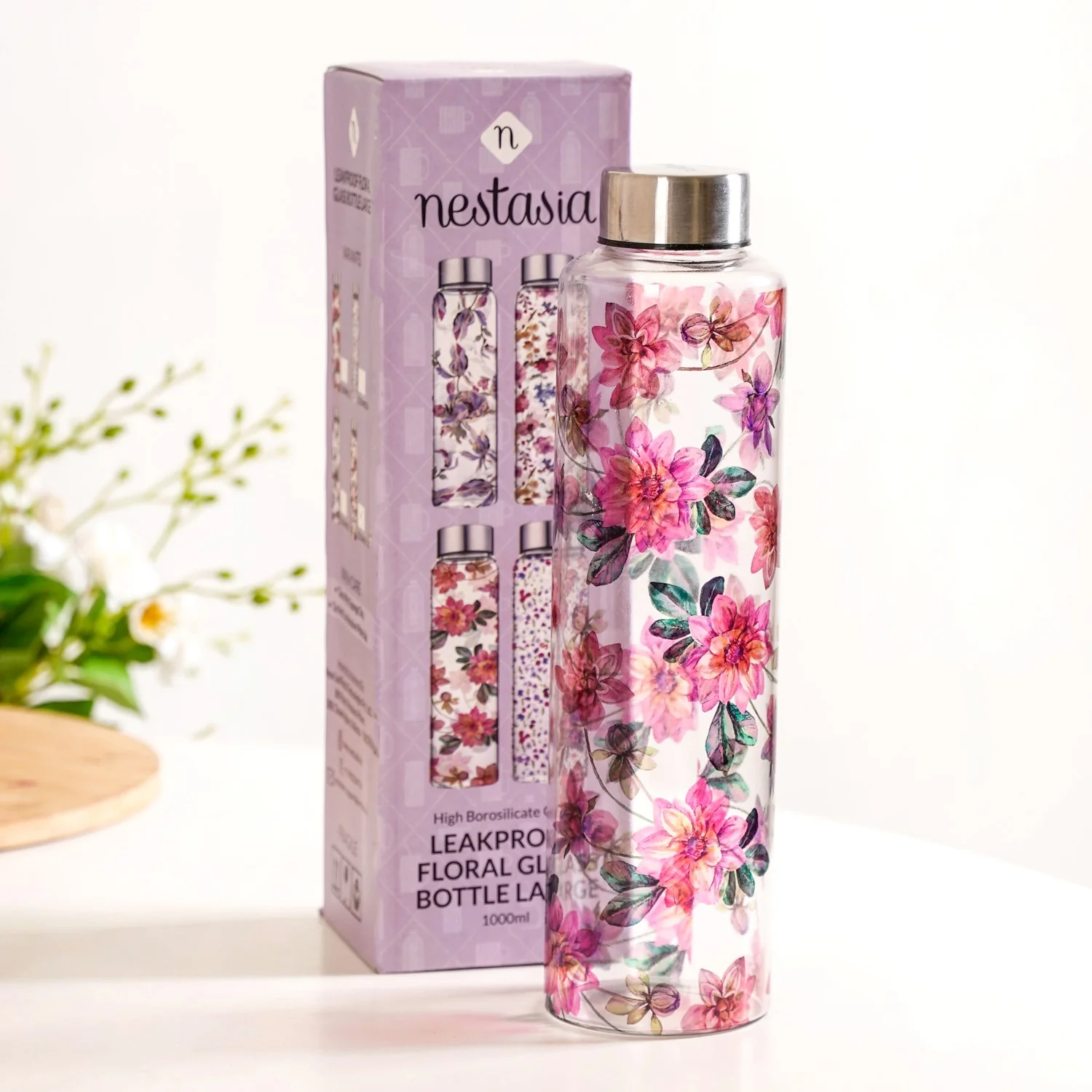 Pink Lotus Borosilicate Glass Leakproof Water Bottle 1000ml - Image 3