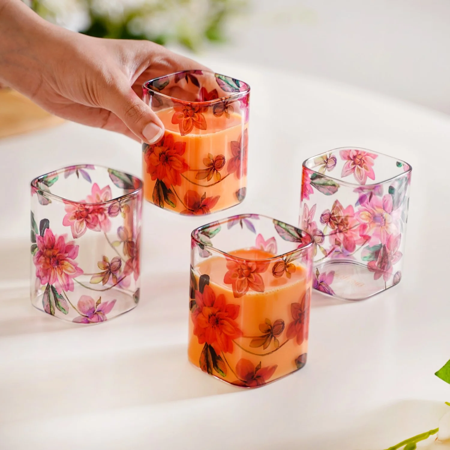 Pink Lotus Square Borosilicate Glass Tumbler Set Of 4 230ml - Image 2