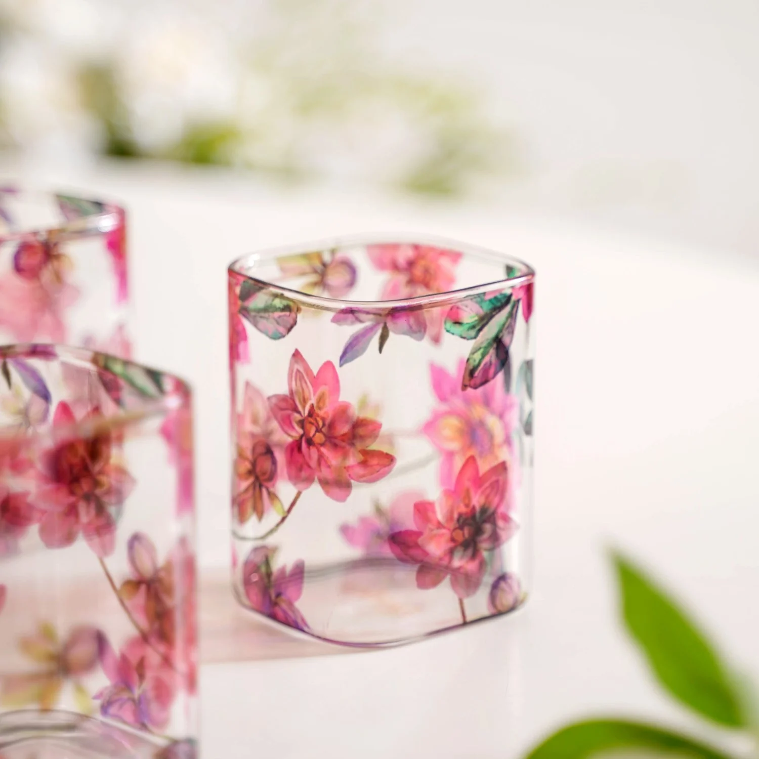 Pink Lotus Square Borosilicate Glass Tumbler Set Of 4 230ml - Image 6