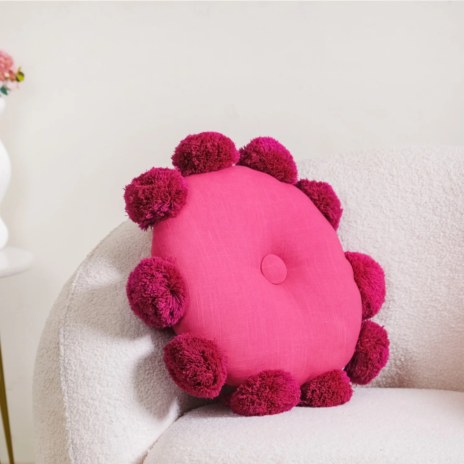 Pink Round Cushion With Pom Poms 17 Inch - Image 2