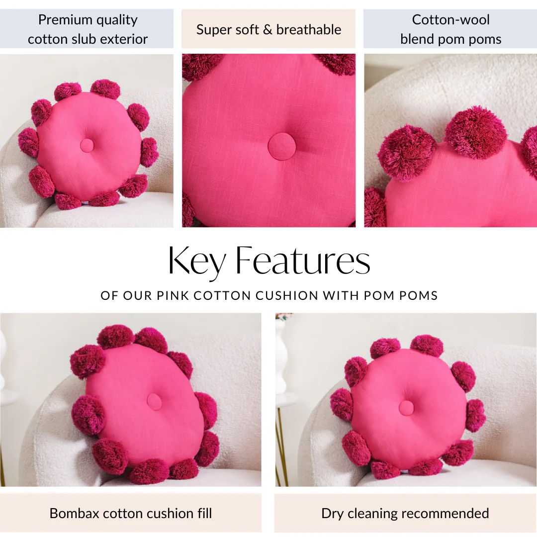 Pink Round Cushion With Pom Poms 17 Inch - Image 5