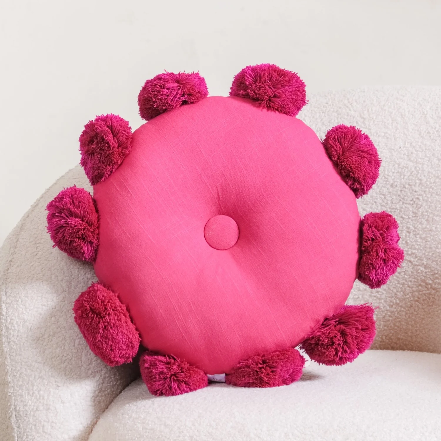 Pink Round Cushion With Pom Poms 17 Inch - Image 6