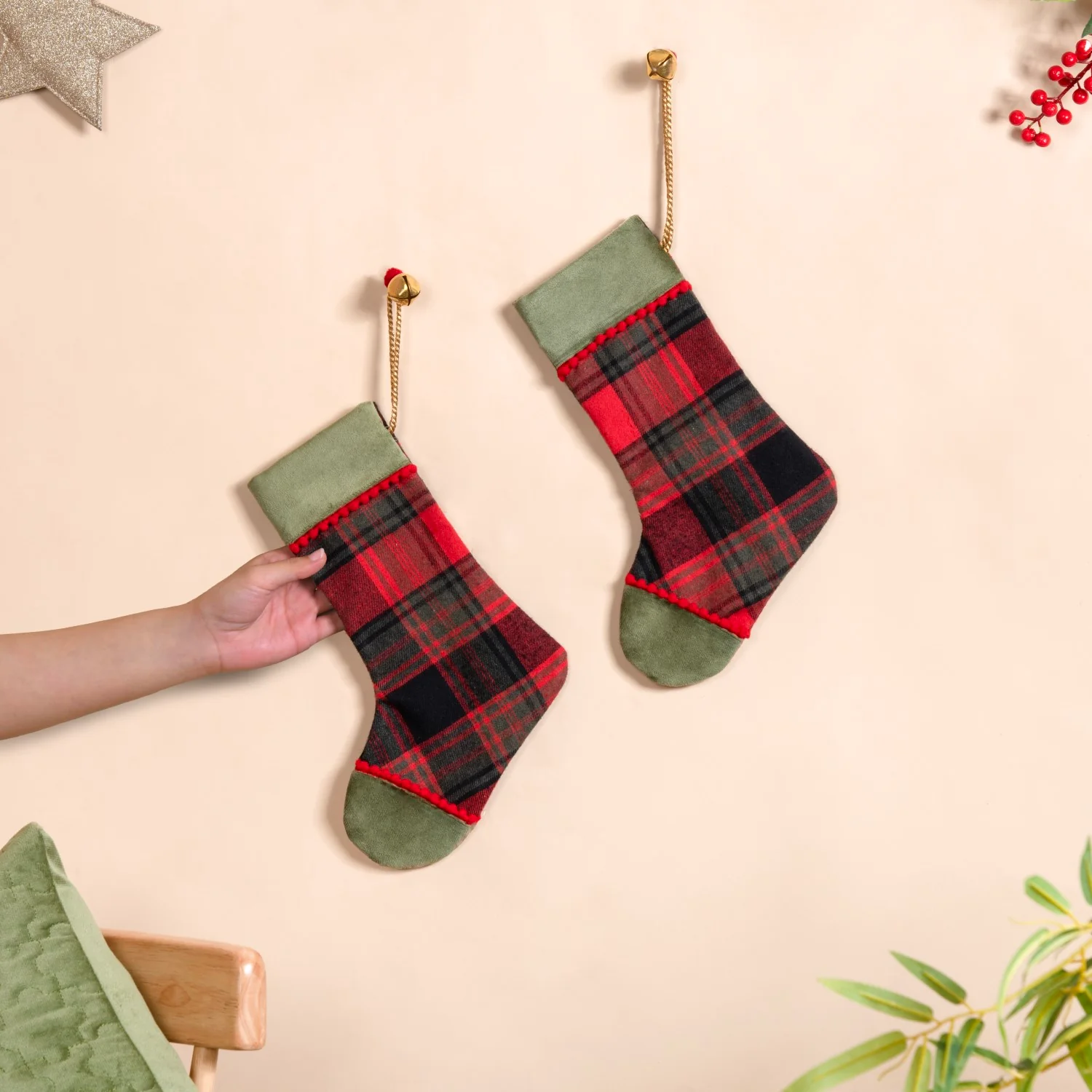 Plaid Bell Santa Stockings Set Of 2 - Image 2