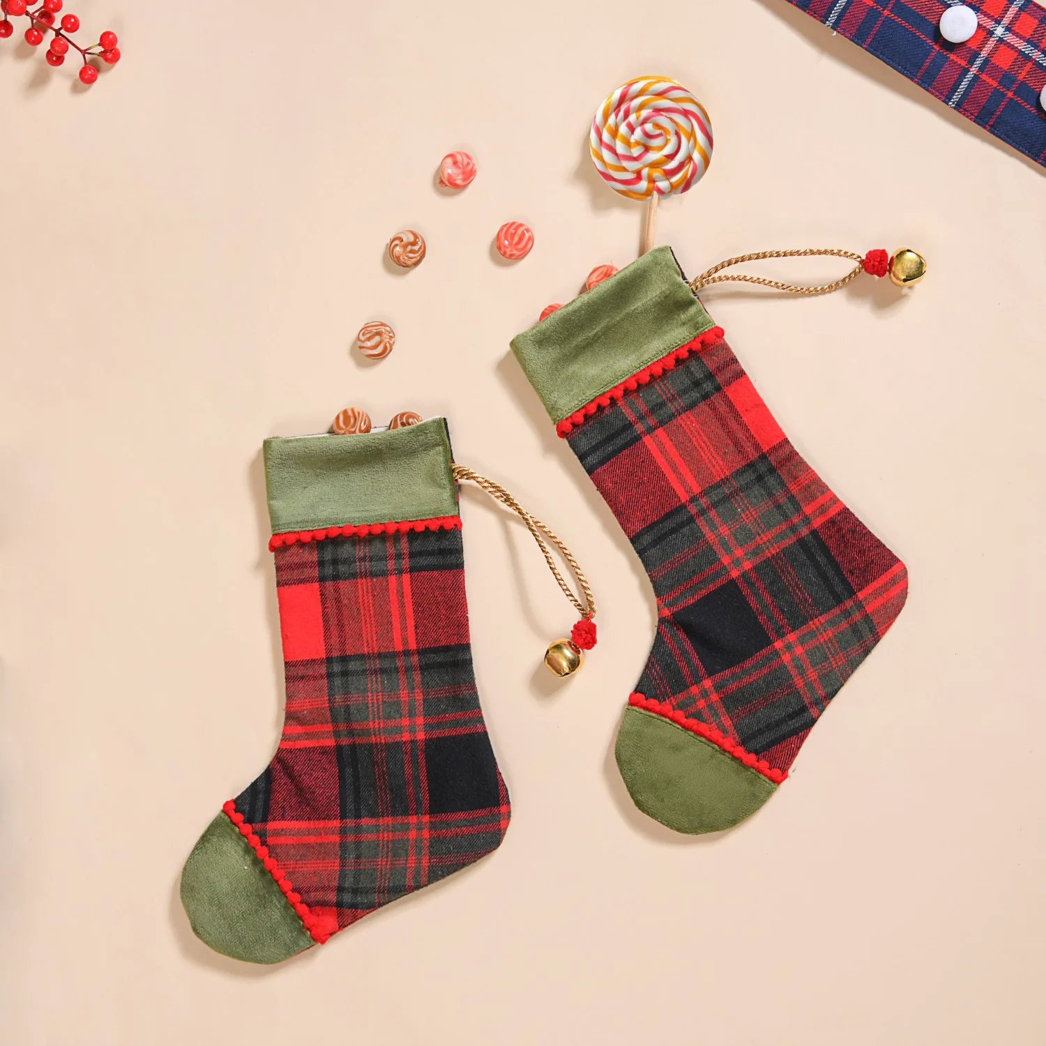 Plaid Bell Santa Stockings Set Of 2 - Image 3