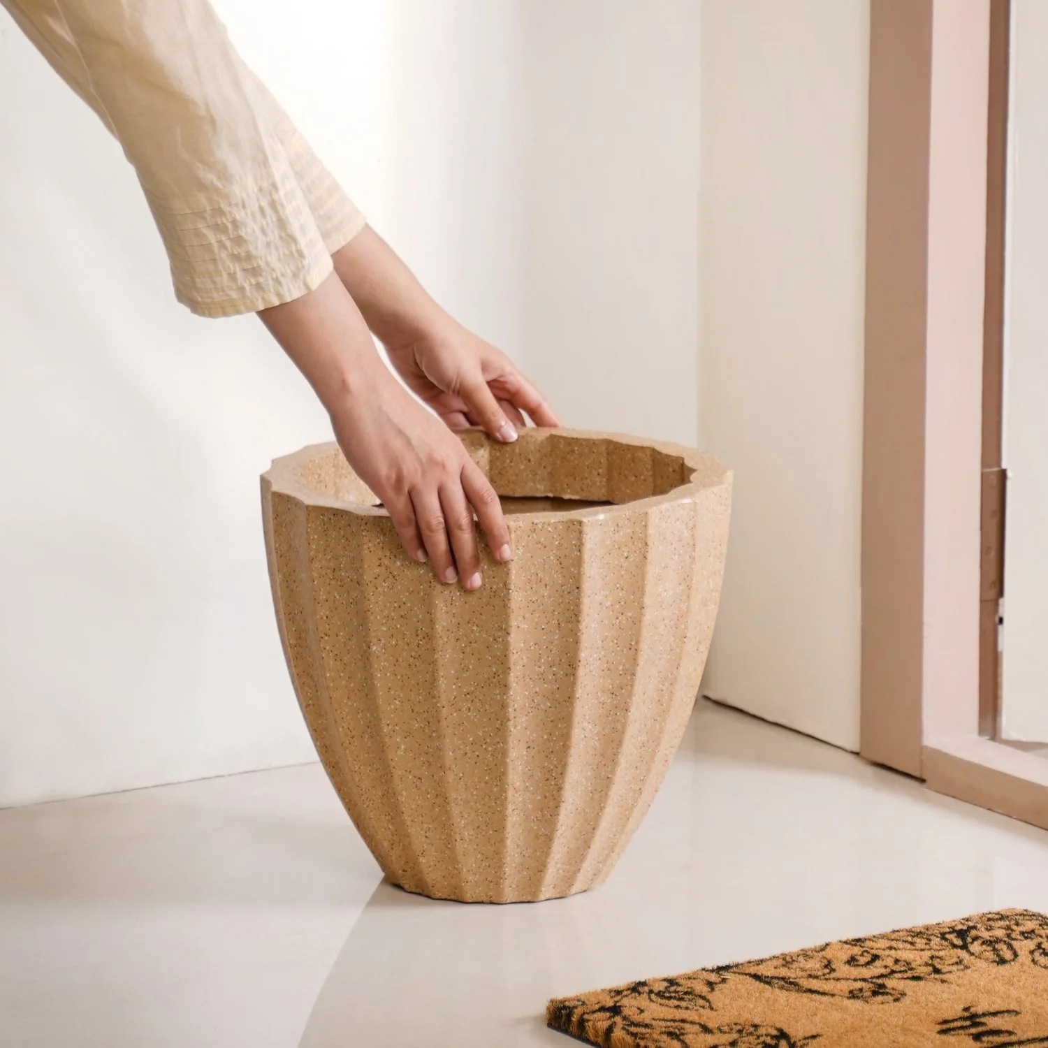 Planterra Ribbed Beige Planting Pot 12x12 Inch - Image 3