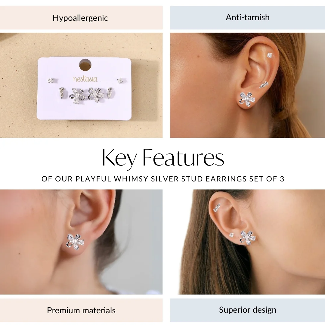 Playful Whimsy Silver Stud Earrings Set Of 3 - Image 4