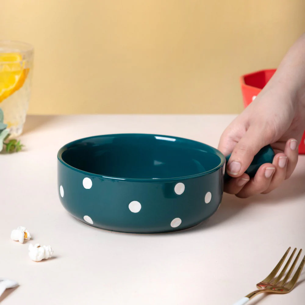Polka Dots Ceramic Bowl With Handle Green 500ml - Image 3