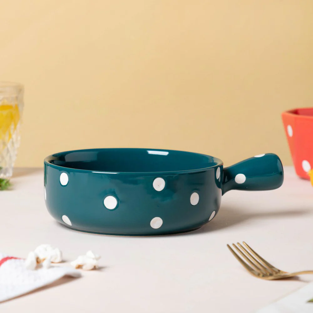 Polka Dots Ceramic Bowl With Handle Green 500ml - Image 4