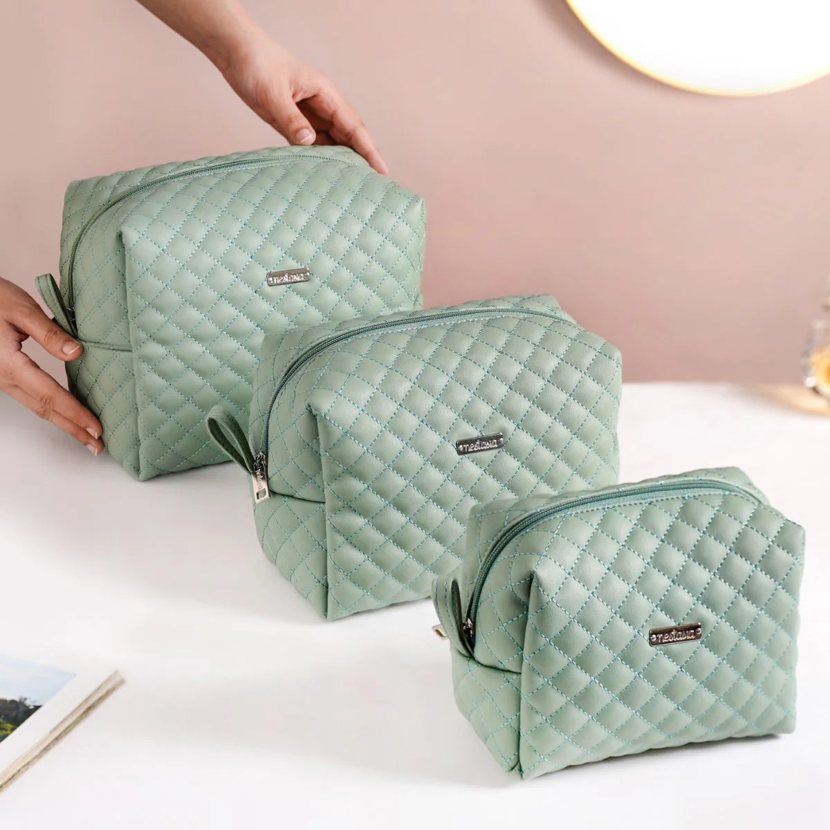Portable Travel Pouches Set Of 3 Mint Green - Image 2