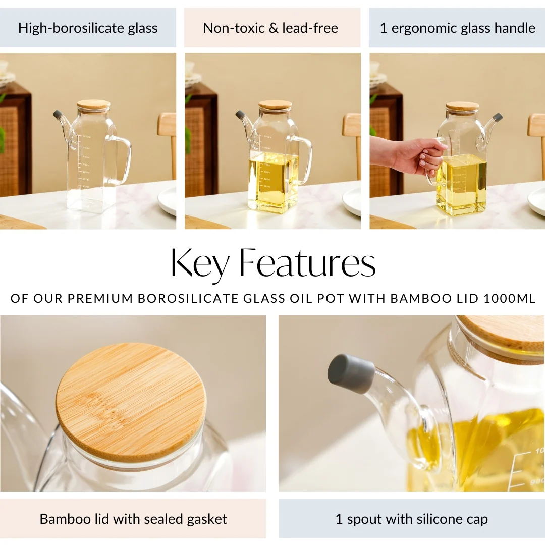 Premium Borosilicate Glass Oil Pot with Bamboo Lid 1000ml - Image 4