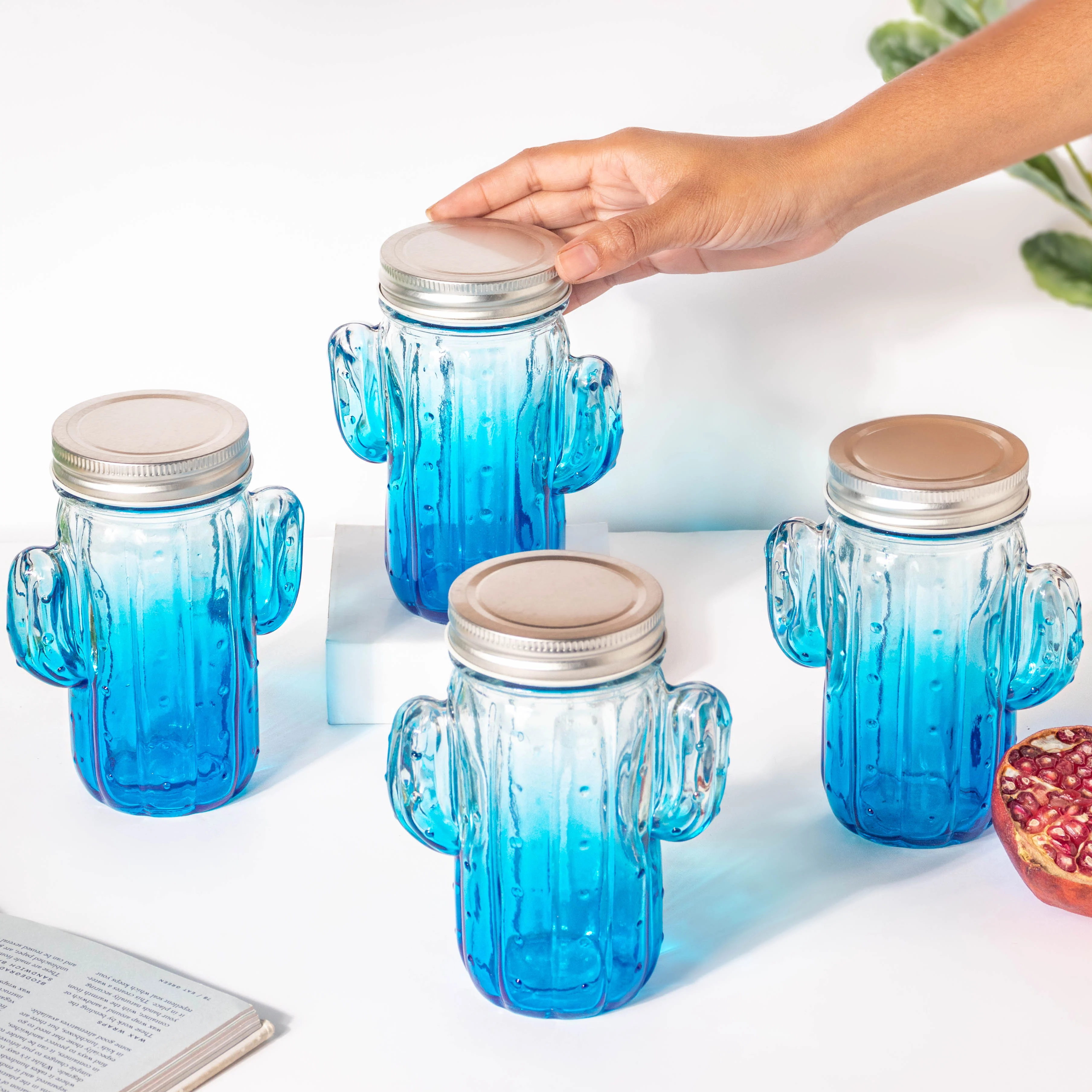 Prickly Cacti Glass Jar Blue with Lid Set of 4 - Image 2