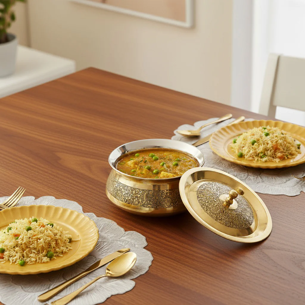 Pure Brass Embossed Handi Cooking Pot With Lid 2300ml - Image 2