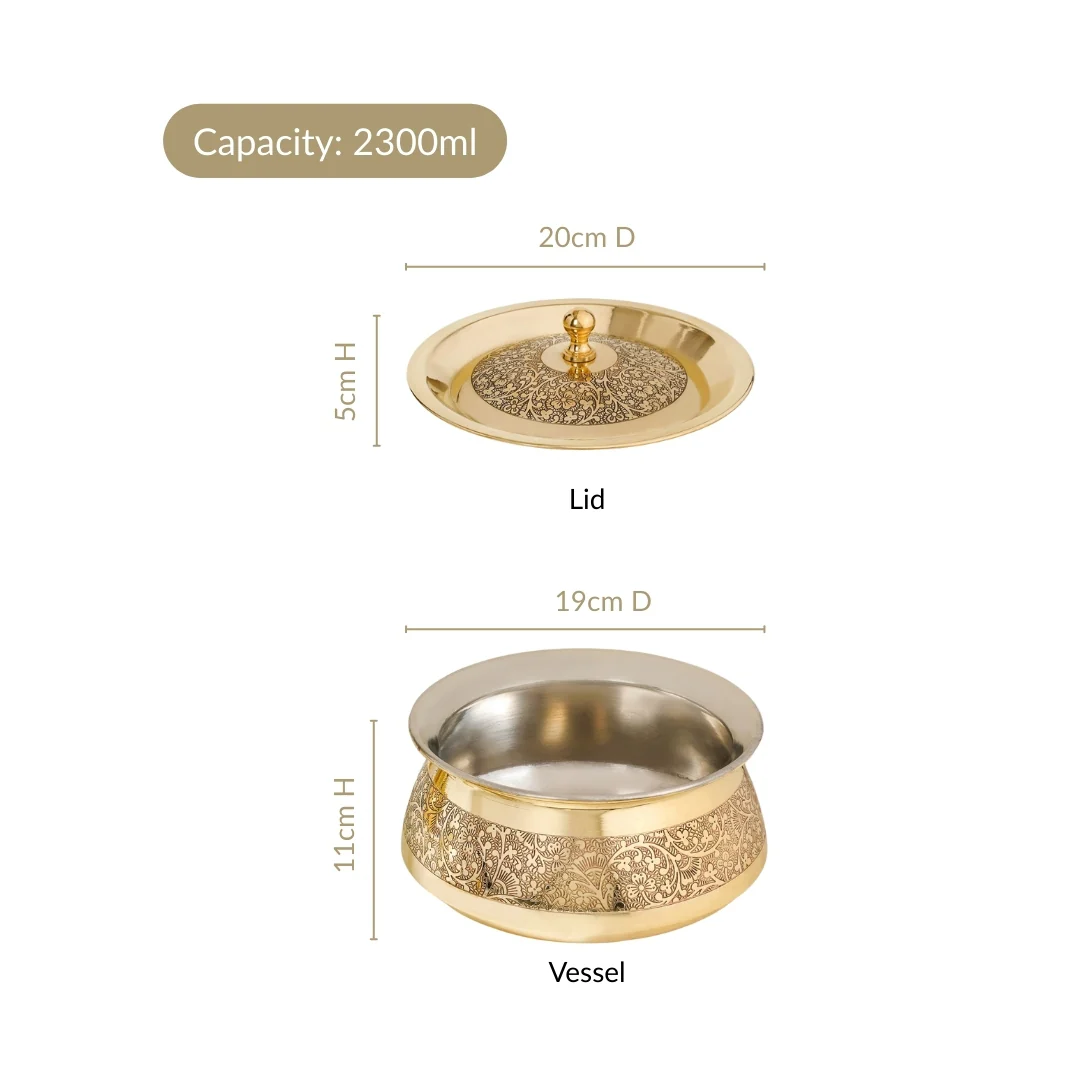 Pure Brass Embossed Handi Cooking Pot With Lid 2300ml - Image 5