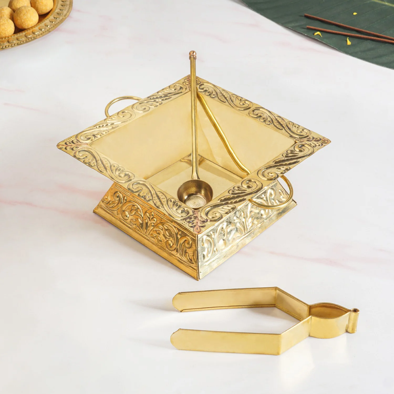 Pure Brass Havan Kund With Handles Spoon And Tongs - Image 2