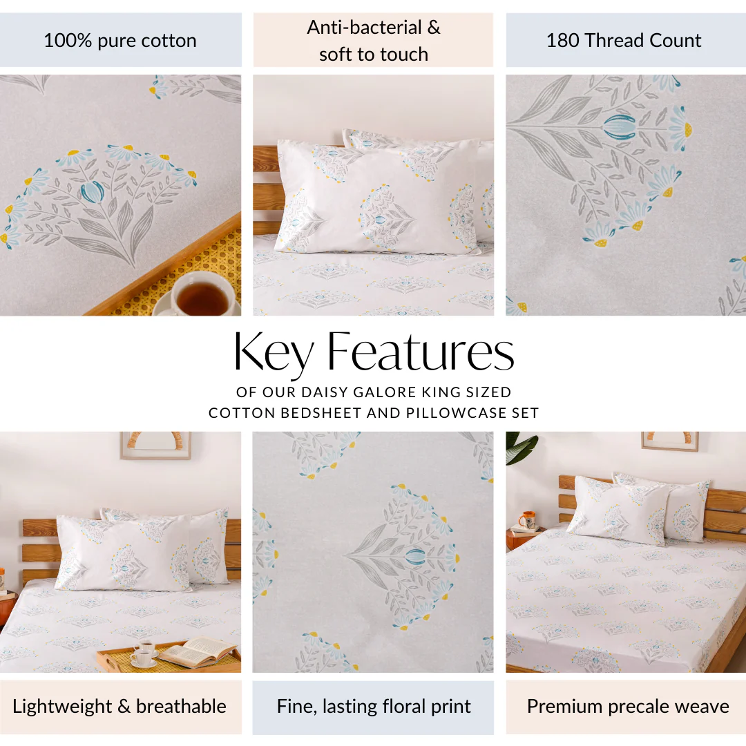 Pure Cotton Daisy Bedsheet Set 180 TC Ultra Soft King Size 275x275 cm - Image 4