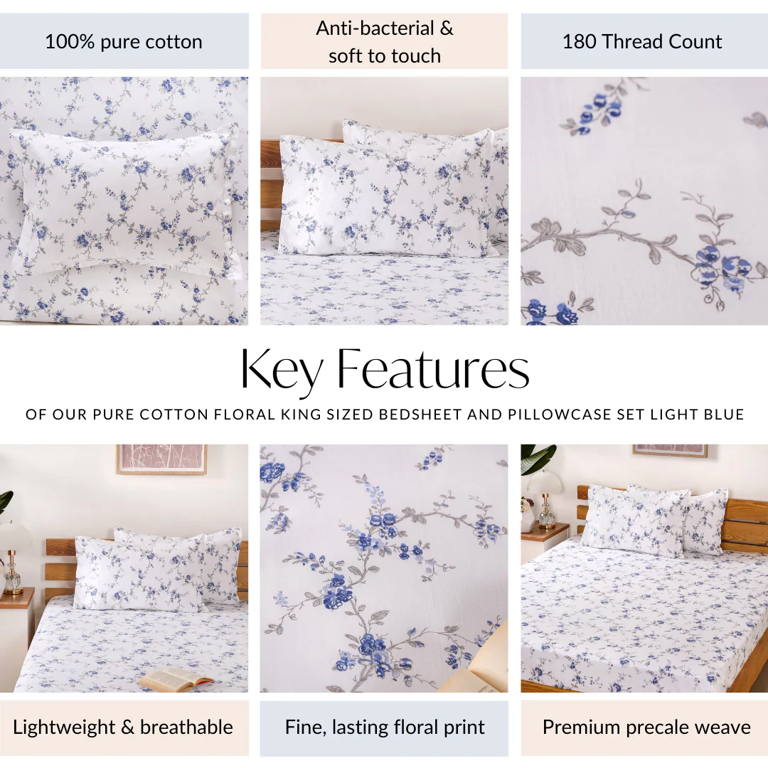 Pure Cotton Floral Bedding Set Blue 180 TC King Size 275x275 cm - Image 4