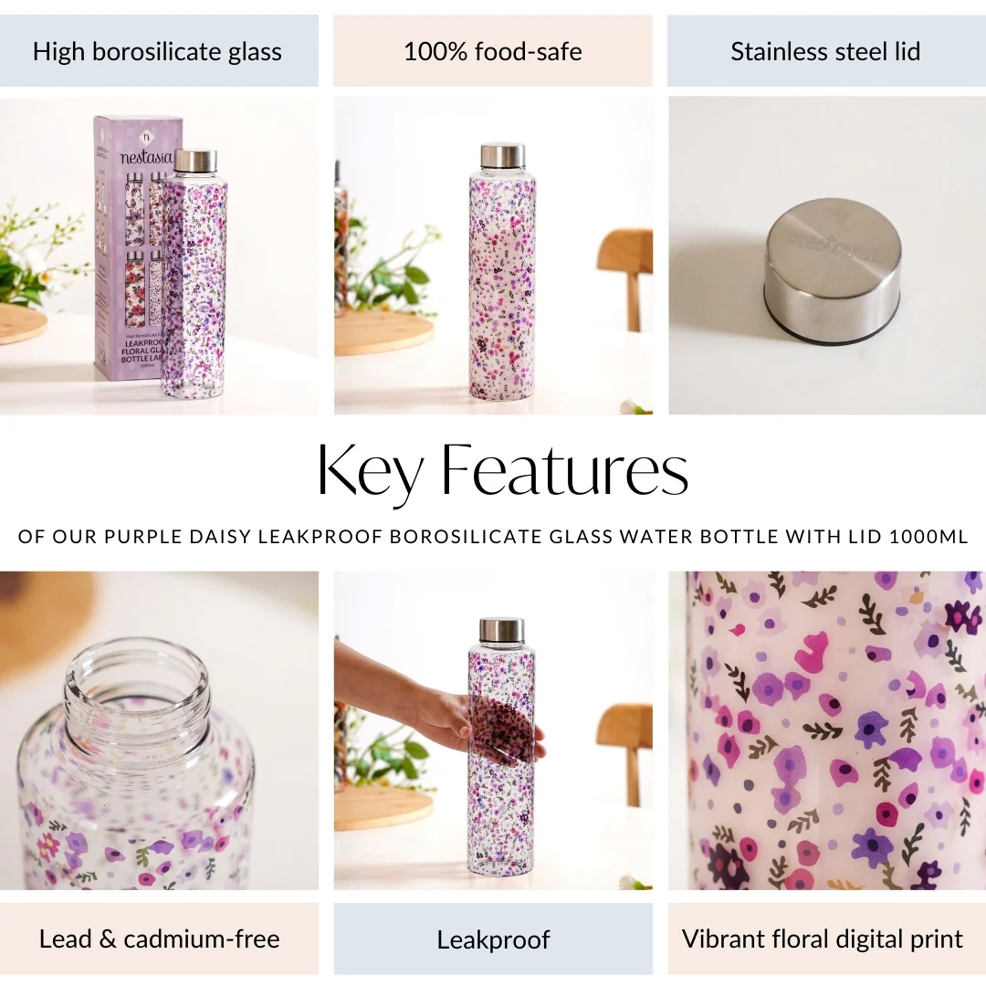 Purple Daisy Leakproof Borosilicate Glass Water Bottle With Lid 1000ml - Image 5