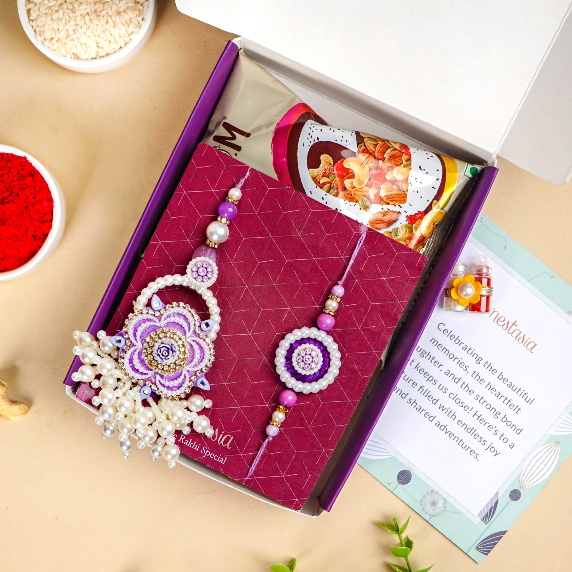 Purple Pearl Beaded Rakhi With Floral Lumba For Couples - Image 3