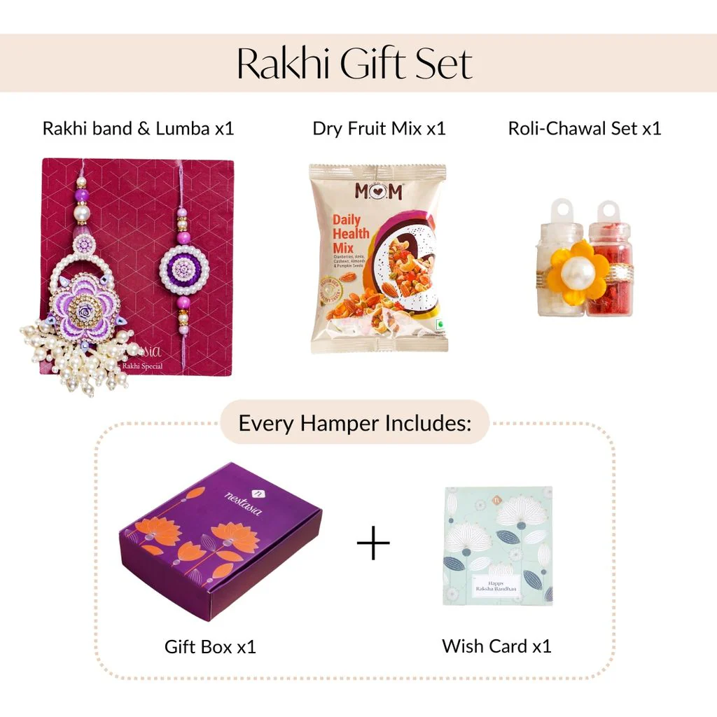 Purple Pearl Beaded Rakhi With Floral Lumba For Couples - Image 5
