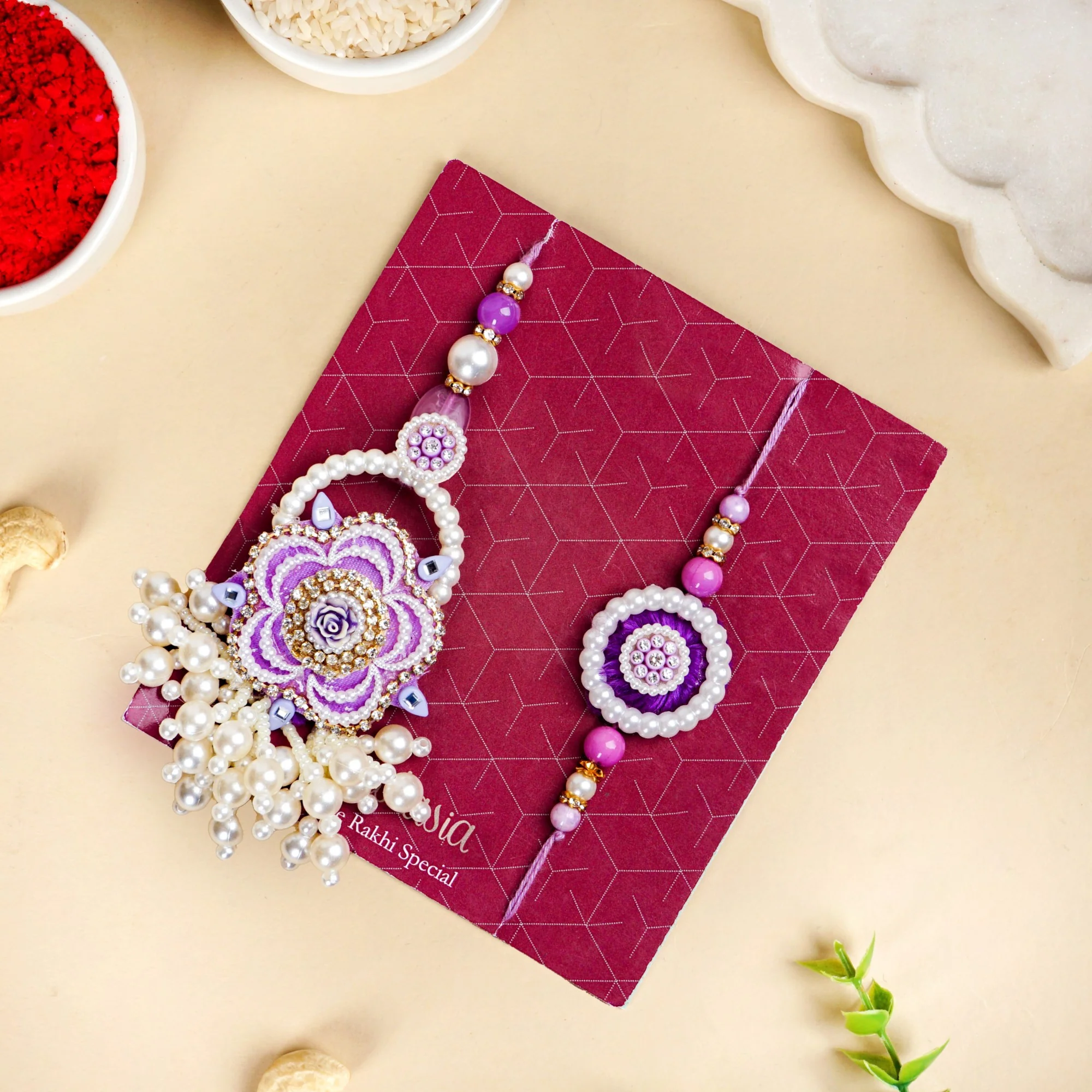 Purple Pearl Beaded Rakhi With Floral Lumba For Couples - Image 7