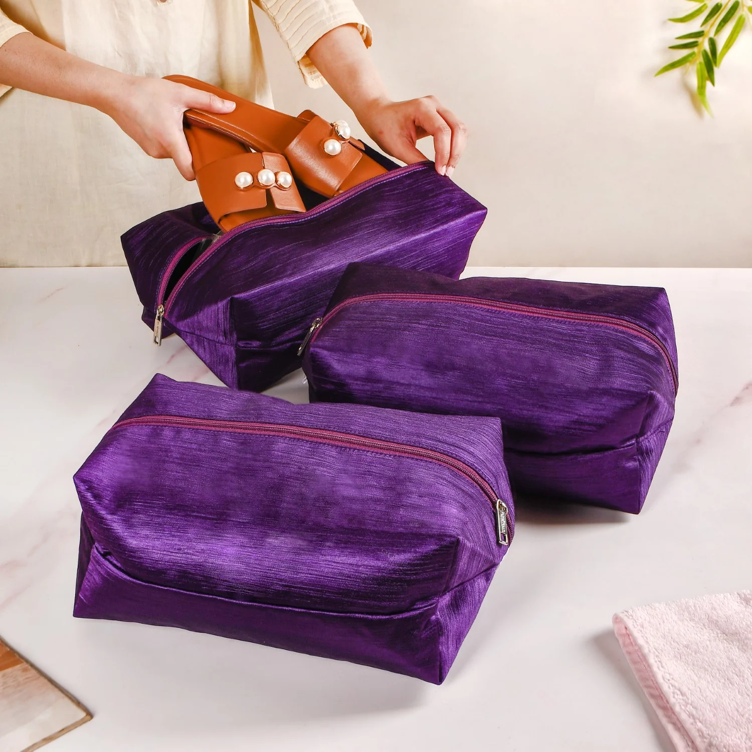 Purple Zippered Shoe Bags For Travel Large Set Of 3 - Image 2