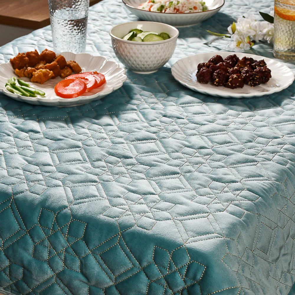 Quilted Aqua Blue Table Cover With Silver Threadwork - Image 2