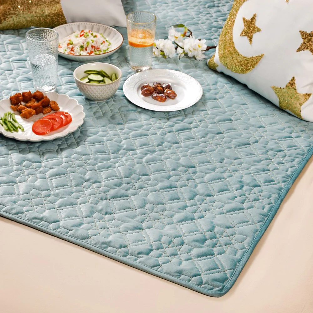Quilted Aqua Blue Table Cover With Silver Threadwork - Image 3